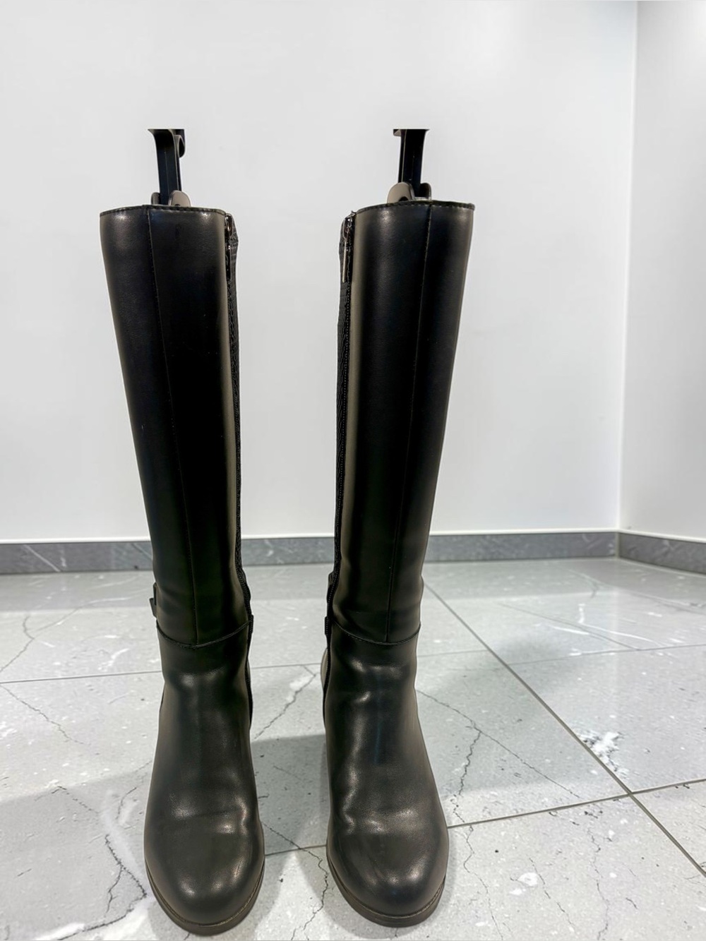 Blondo Zana Waterproof Tall Boots Black Leather Knit Stretch Block Heel Size 8M